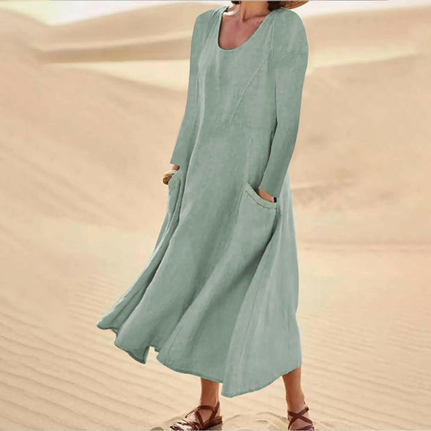 Velly - Einfarbiges Kleid mit langen Ärmeln und Rundhalsausschnitt
