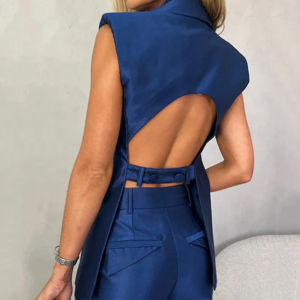 Janice - Ensemble gilet et pantalon mercerisés dos nu à la mode