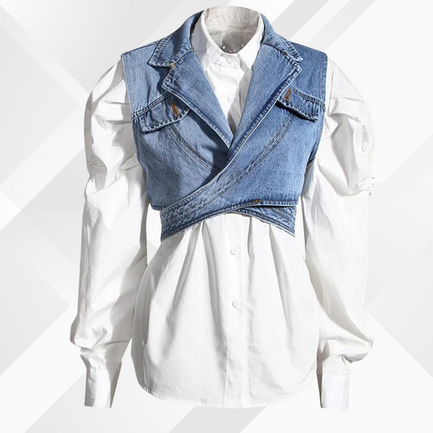 Nelia - Gilet en jean et chemisier à manches bouffantes