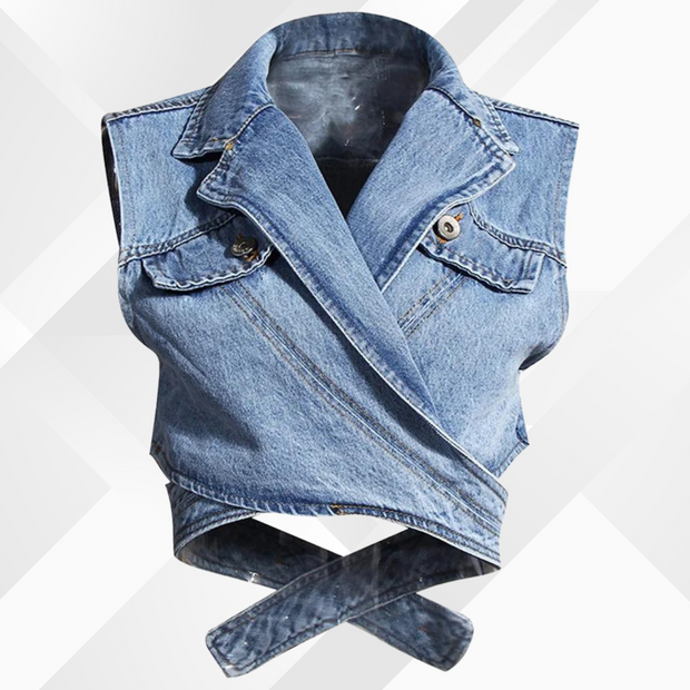 Nelia - Gilet en jean et chemisier à manches bouffantes