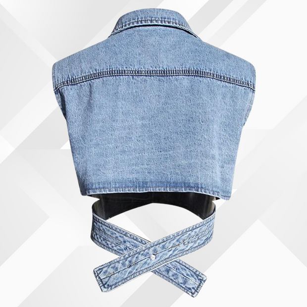 Nelia - Gilet en jean et chemisier à manches bouffantes