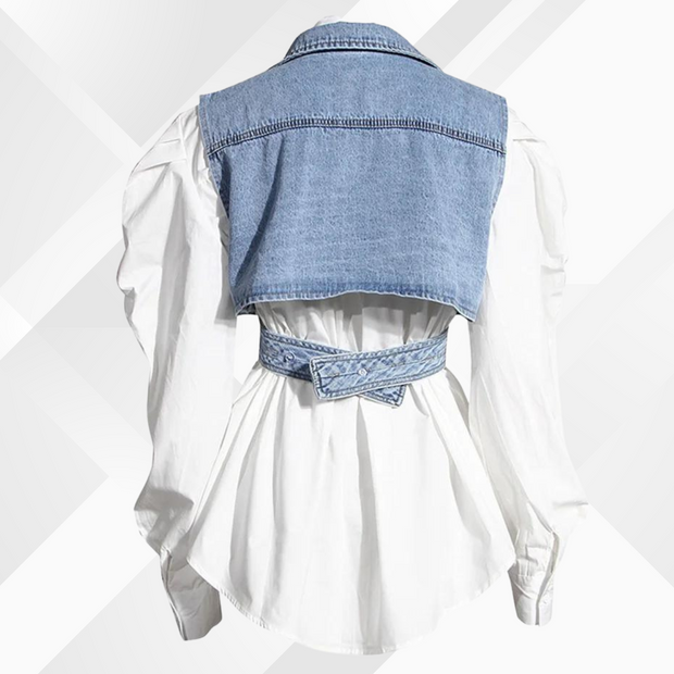 Nelia - Gilet en jean et chemisier à manches bouffantes