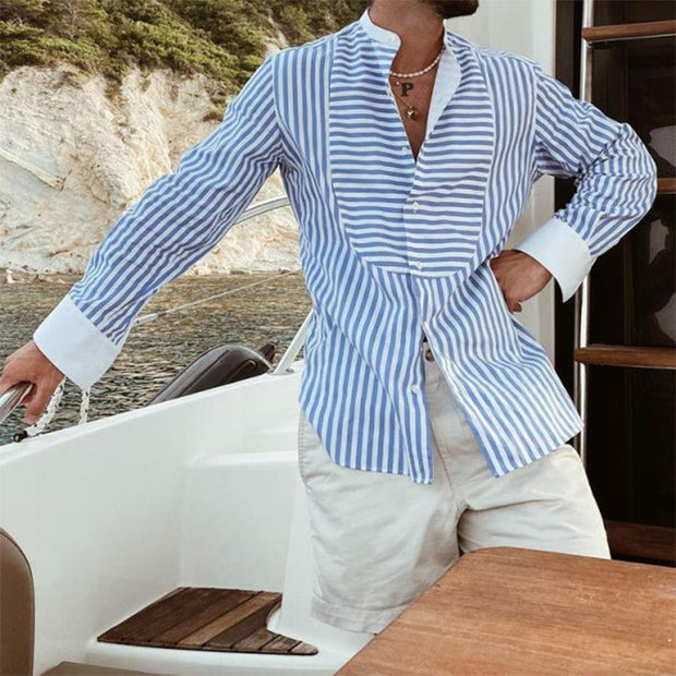 GREG - Chemise homme à manches longues à rayures irrégulières et surpiqûres décoratives