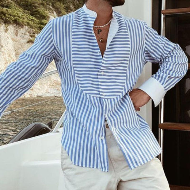 GREG - Chemise homme à manches longues à rayures irrégulières et surpiqûres décoratives